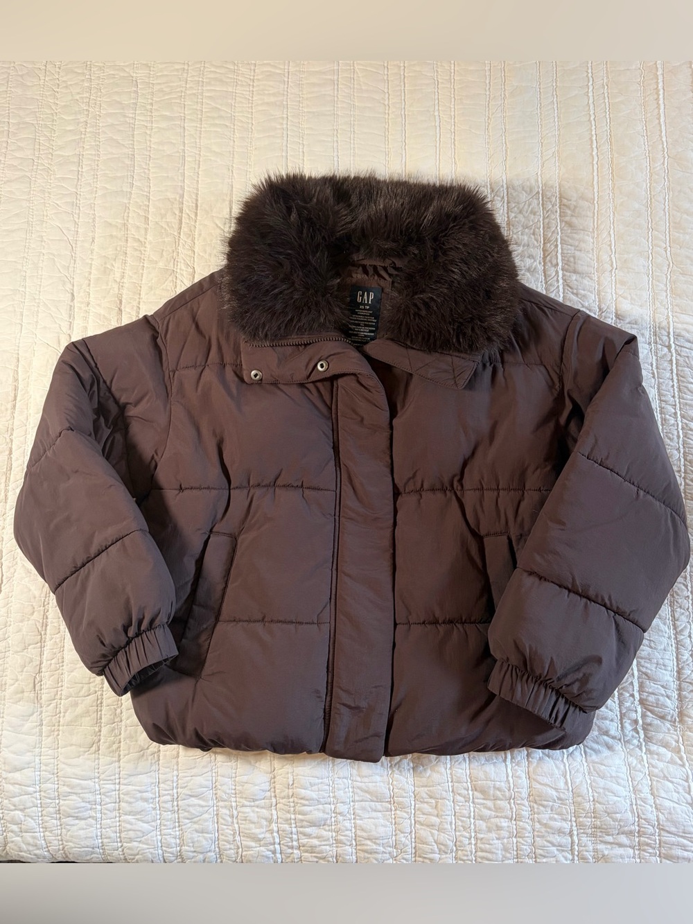 GAP Faux Fur-Trim Puffer Jacket in Terra Brown XS